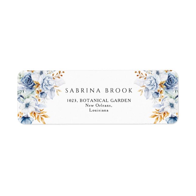 Dusty Blue White Gold Floral Mariage Adresse (Devant)