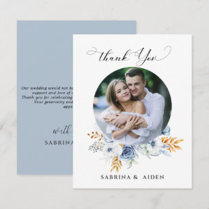 Dusty Blue White Gold Floral Photo Thank You Card