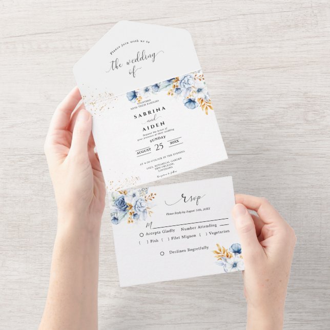 Dusty Blue White Gold Floral Wedding All In One Invitation (Tearaway)