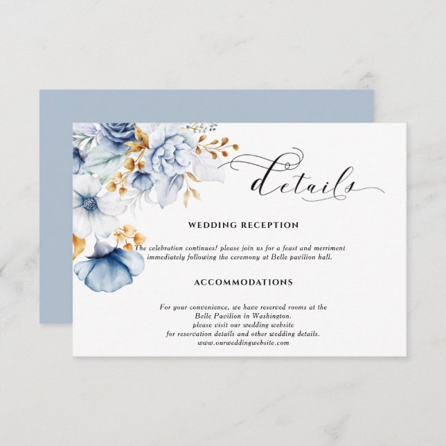 Dusty Blue White Gold Floral Wedding  Enclosure Card (Front/Back)