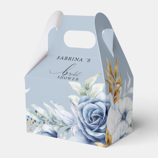 Dusty Blue White Gold Floral Wedding  Favor Box (Front Side)