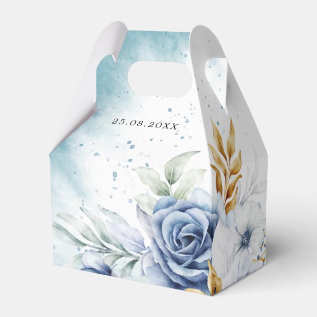 Dusty Blue White Gold Floral Wedding  Favor Box (Back Side)