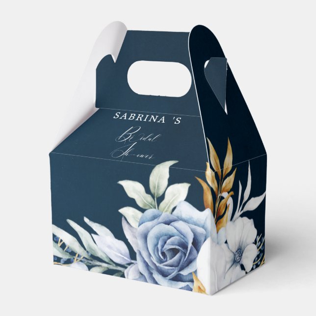 Dusty Blue White Gold Floral Wedding  Favor Box (Front Side)