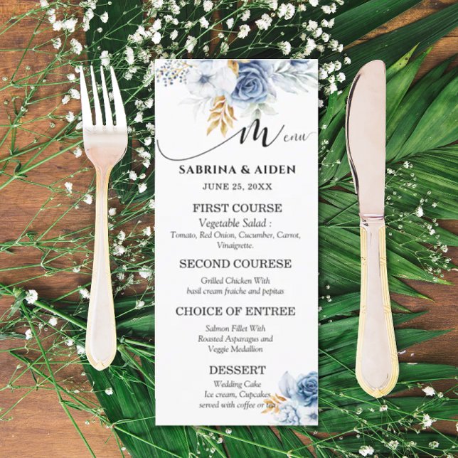 Dusty Blue White Gold Floral Wedding  Menu (Creator Uploaded)