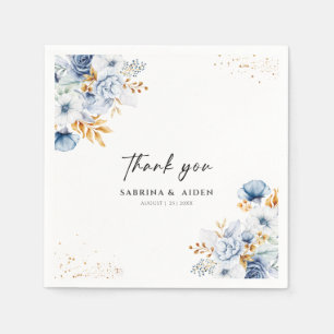 Dusty Blue White Gold Floral Wedding Napkin