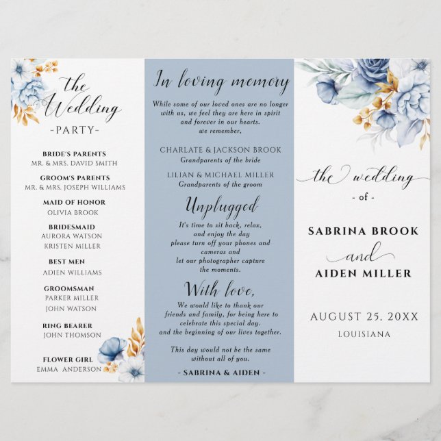 Dusty Blue White Gold Floral Wedding Programme (Devant)