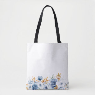 Dusty Blue White Gold Floral Wedding Tote Bag