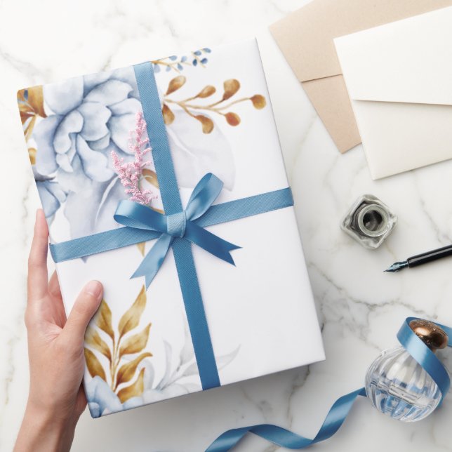 Dusty Blue White Gold Floral Wedding Wrapping Paper (Gifting)