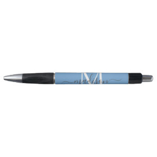 Dusty Blue White Grey Monogram Script Name Stylish Pen