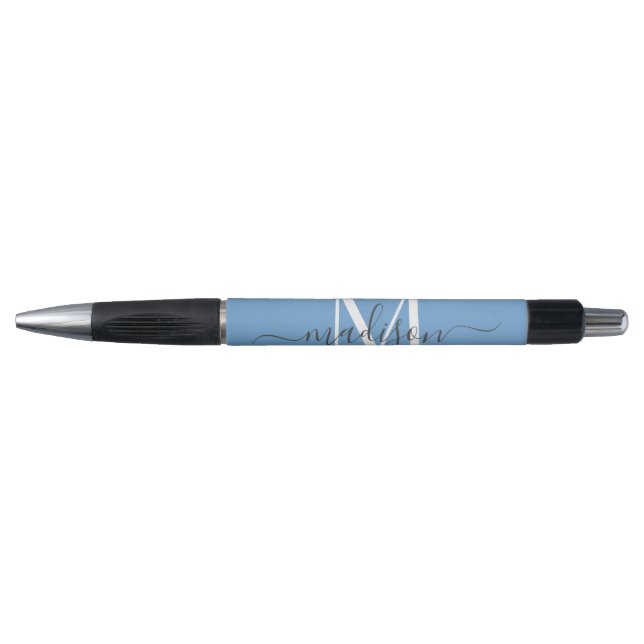 Dusty Blue White Grey Monogram Script Name Stylish Pen (Front)