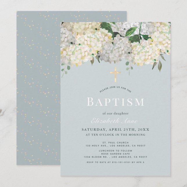 Dusty Blue & White Hydrangea Baptism Invitation (Front/Back)