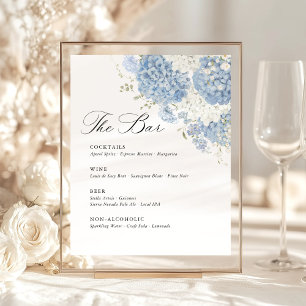 Dusty Blue White Hydrangea Wedding Bar Menu Pedestal Sign