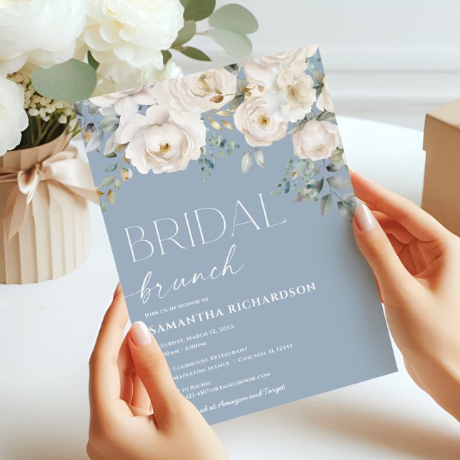 Dusty blue white ivory floral bridal brunch invitation (Creator Uploaded)