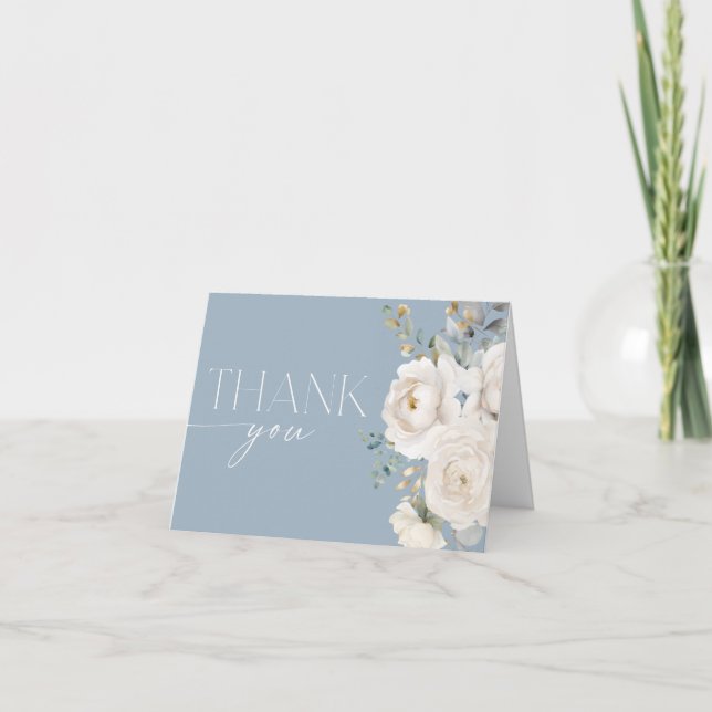 Dusty blue white ivory floral flowers thank you card (Front)