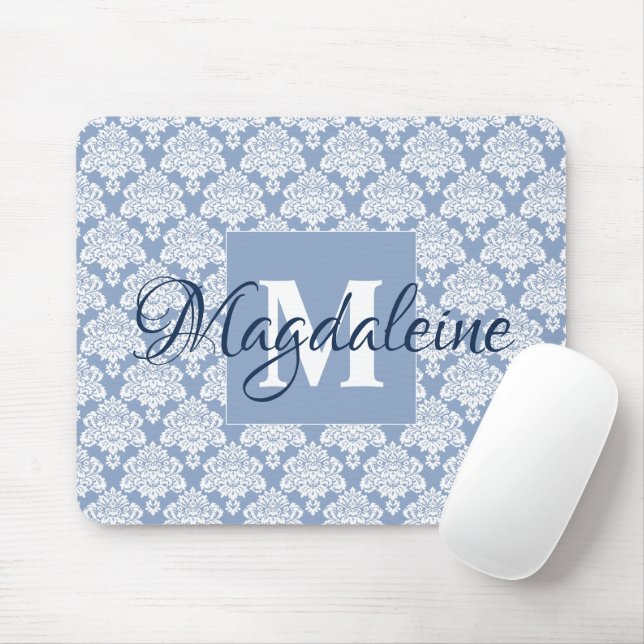 Dusty Blue & White Lacy Damask Monogram & Name Mouse Pad (With Mouse)