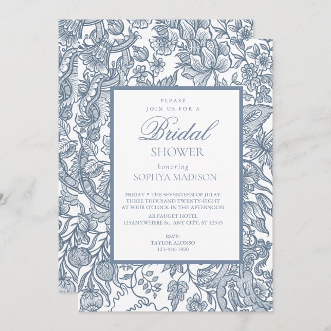 Dusty Blue & White Line Art Wildflowers Floral Invitation (Front/Back)