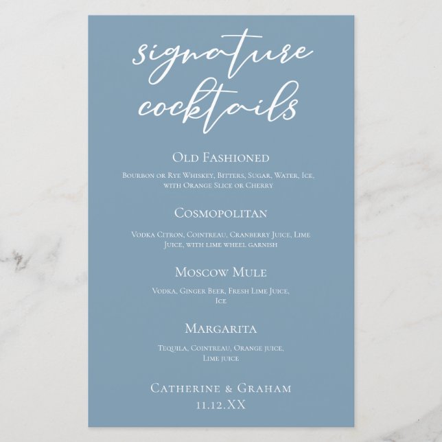 Dusty Blue White Mariage Signature Cocktails Menu (Devant)
