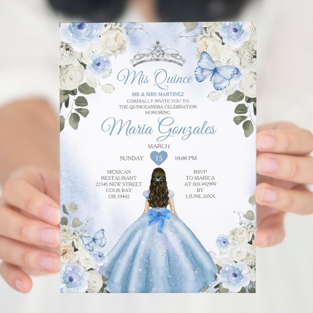 Dusty Blue & White Mis Quince 15 Anos Silver Crown Invitation (Creator Uploaded)