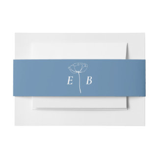 Dusty Blue White Monogram Floral Accent Initial  Invitation Belly Band