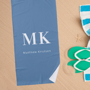 Dusty blue white monogram name initials  beach towel