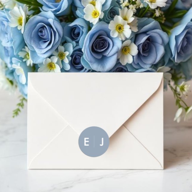 Dusty Blue & White Monogram Wedding Classic Round Sticker (Creator Uploaded)