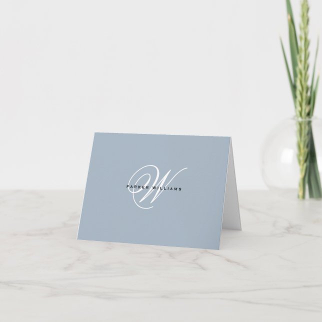 Dusty Blue & white Monogrammed folded  Thank You  Card (Front)