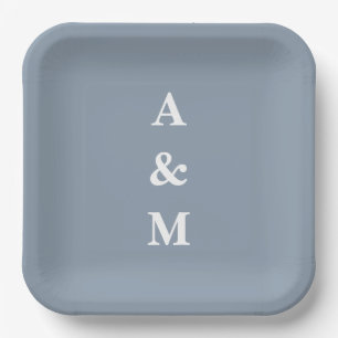 Dusty Blue White Monograms Initial Elegant Wedding Paper Plate
