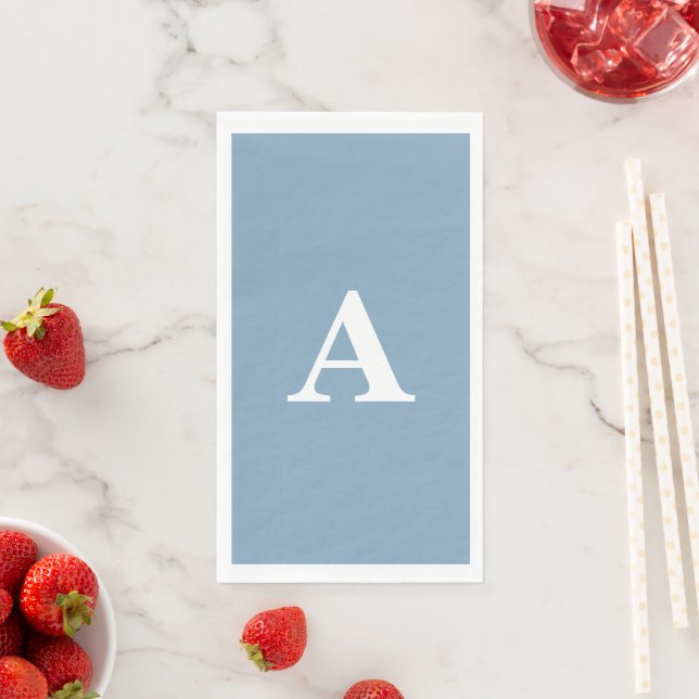 Dusty Blue White Monograms Simple Minimal Custom Napkin (Insitu)