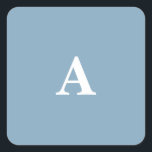 Dusty Blue White Monograms Simple Minimal Custom Square Sticker<br><div class="desc">Designed with text template for monogrammed initial in custom dusty blue colour background which you can customize!</div>