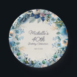 Dusty Blue White Navy Floral Women's 40th Birthday Paper Plate<br><div class="desc">Elegant dusty blue,  white,  and navy blue watercolor floral women's 40th (or any age) birthday party paper plates. Customize with the name of the guest-of-honour,  her age,  and her party date. Contact me for assistance with your customizations or to request additional matching or coordinating Zazzle products for your party.</div>