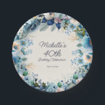 Dusty Blue White Navy Floral Women's 40th Birthday Paper Plate<br><div class="desc">Elegant dusty blue,  white,  and navy blue watercolor floral women's 40th (or any age) birthday party paper plates. Customize with the name of the guest-of-honour,  her age,  and her party date. Contact me for assistance with your customizations or to request additional matching or coordinating Zazzle products for your party.</div>