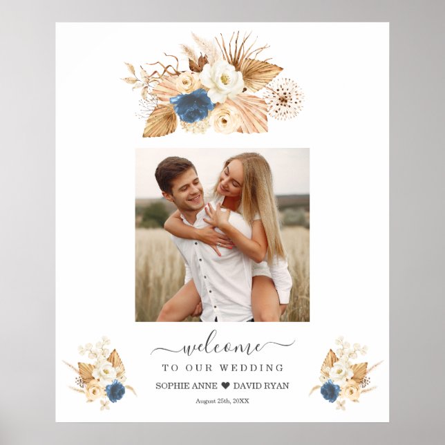 Dusty Blue White Peach Roses Wedding Welcome Sign (Front)