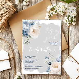 Dusty blue & white peonies baby shower invitation