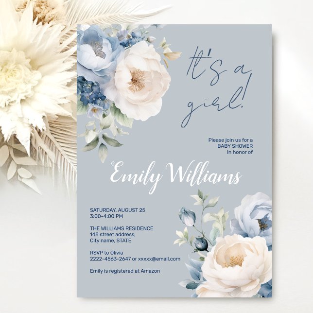 Dusty blue & white peonies baby shower invitation (Dusty blue watercolor flowers peonies rustic gender neutral baby shower invitation )