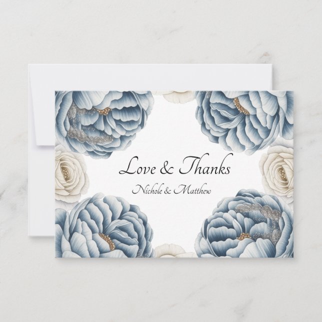 Dusty Blue & White Peony Wedding Thank You Card (Front)