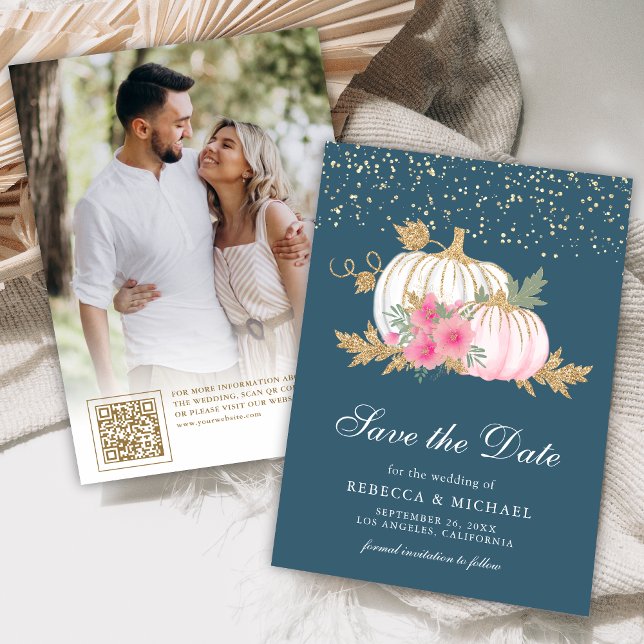 Dusty Blue White Pumpkin Floral Wedding Photo  Save The Date (Creator Uploaded)