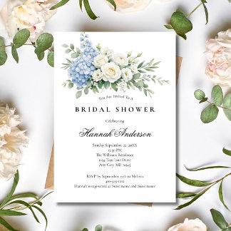 Dusty Blue White Rose Floral Elegant Bridal Shower Invitation