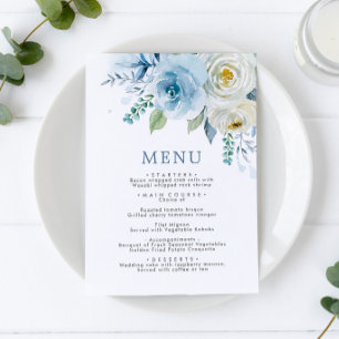 Dusty Blue & White Rose Flowers Wedding Menu