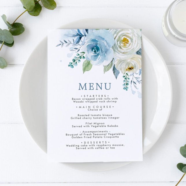 Dusty Blue & White Rose Flowers Wedding Menu (Creator Uploaded)