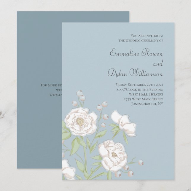 Dusty Blue White Rose Wedding Invitation (Front/Back)