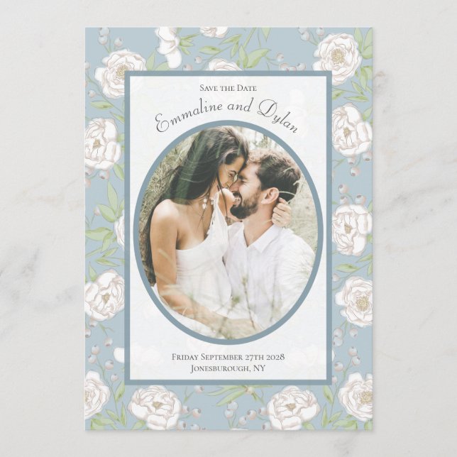 Dusty Blue White Rose Wedding Photo Save the Date Invitation (Front)