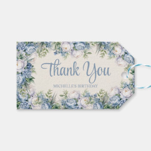 Dusty Blue White Roses Happy Birthday Script Gift Tags