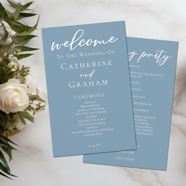 Dusty Blue White Script Coastal Wedding Program (Creator Uploaded)