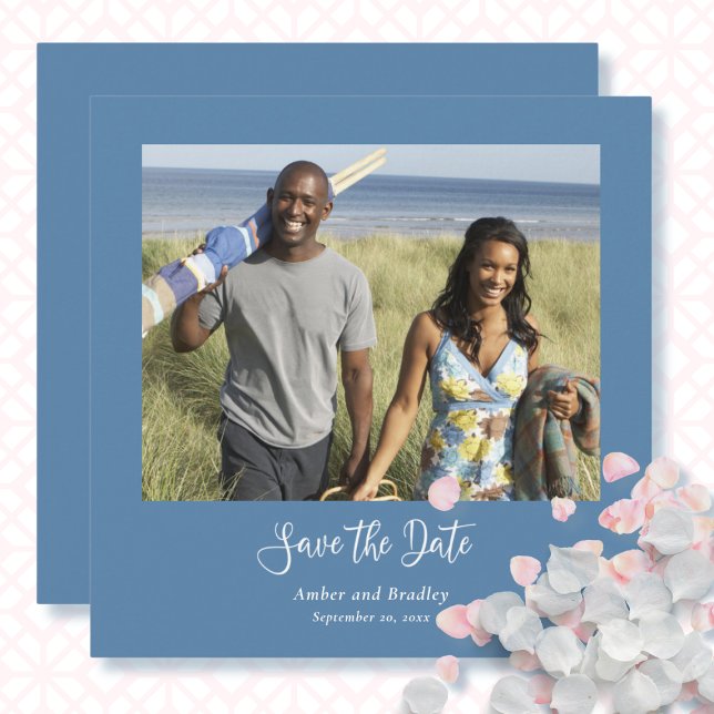 Dusty Blue White Script QR Code Save the Date  Invitation (Creator Uploaded)