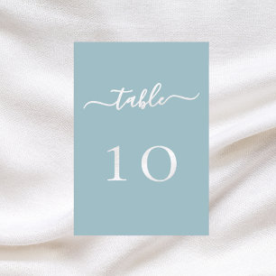 Dusty blue white script wedding table number card