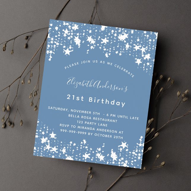 Dusty blue white stars budget birthday nvitation (Creator Uploaded)