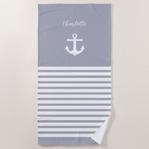 Dusty Blue White Stripes Nautical  Personalized  Beach Towel