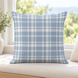 Dusty Blue White Tartan Plaid Pattern Throw Pillow