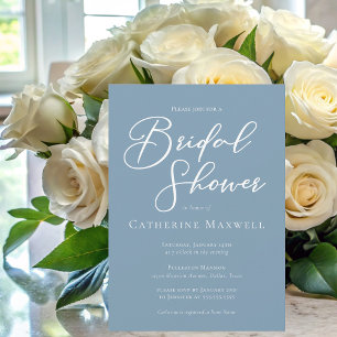 Dusty Blue White Typography Coastal Bridal Shower Invitation