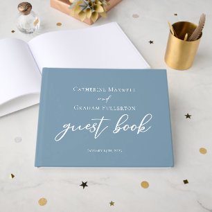 Dusty Blue White Typography Coastal Wedding Guest Book